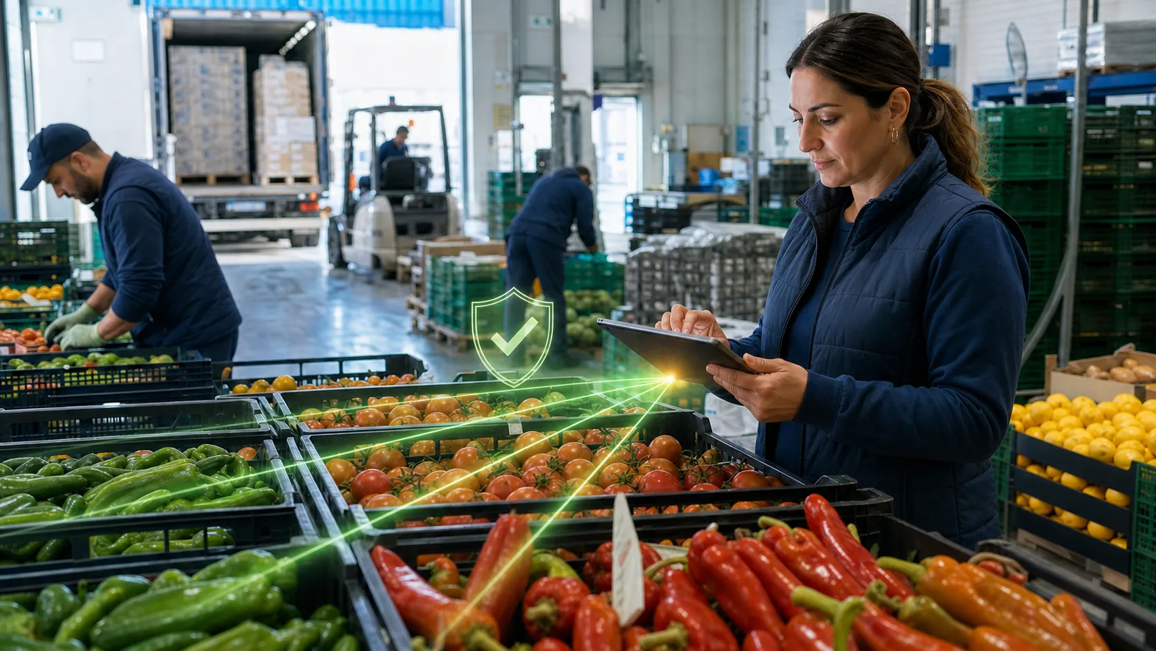 Nave de un almacén hortofrutícola: una trabajadora con chaleco azul consulta una tablet junto a cajas de pimientos, tomates y limones, mientras al fondo unos operarios cargan un camión con una carretilla elevadora. Sobre las cajas flota un escudo verde con una marca de verificación.