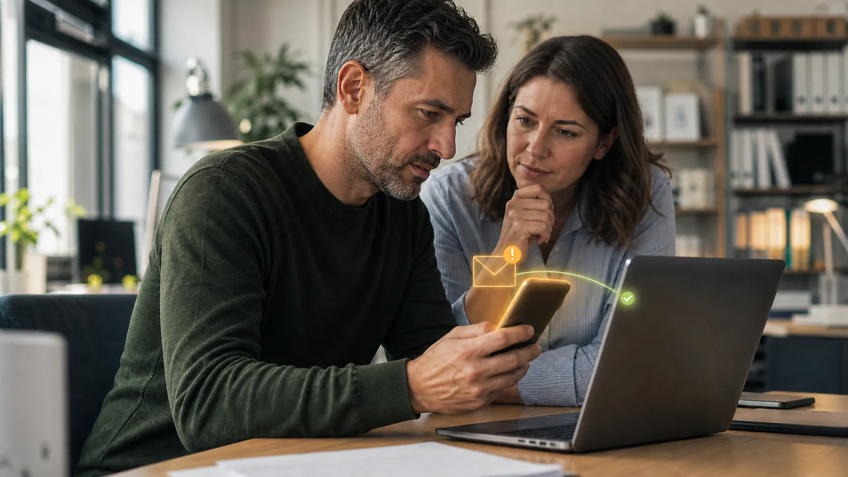 Un hombre y una mujer miran con gesto de preocupación la pantalla de un teléfono móvil junto a un portátil. Del móvil sale el icono de un sobre con una alerta ámbar que, sobre el portátil, se transforma en una marca de verificación verde.