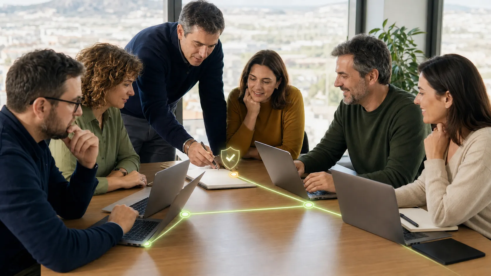 Seis personas trabajan alrededor de una mesa de reunión con portátiles. Una de ellas, de pie, explica algo señalando un cuaderno. Una red de líneas verdes conecta los equipos y un escudo ámbar con una marca de verificación preside el centro de la mesa.